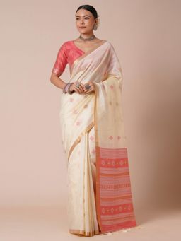 Akhilam - Women's Silk Blend Off White Woven Design Designer Saree with Unstitched Blouse