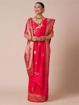Akhilam - Women's Silk Blend Red Woven Design Designer Saree with Unstitched Blouse
