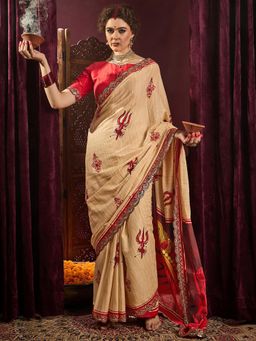 Sareemall - Women's Cotton Beige Embellished Designer Saree with Unstitched Blouse
