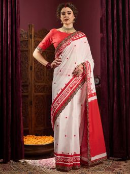 Sareemall - Women's Cotton White Embellished Designer Saree with Unstitched Blouse