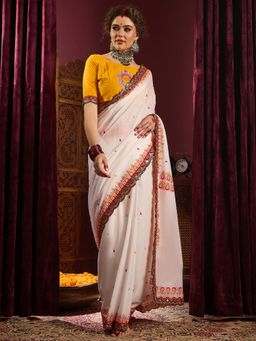Sareemall - Women's Cotton White Embellished Designer Saree with Unstitched Blouse