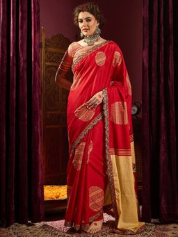 Sareemall - Women's Cotton Red Embellished Designer Saree with Unstitched Blouse