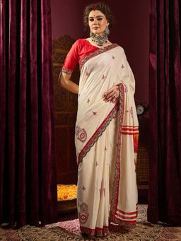 Sareemall - Women's Cotton Off White Embellished Designer Saree with Unstitched Blouse