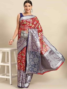 Silk Land - Red Banarasi Woven Art Silk Saree with Unstitched Blouse