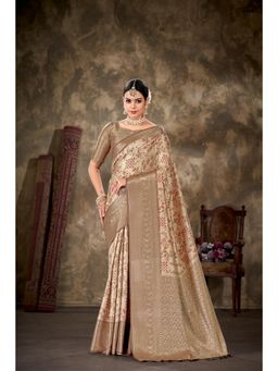 Silk Land - Beige Banarasi Art Silk Woven with Digital Print Saree with Unstitched Blouse