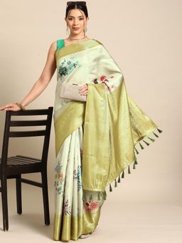 Silk Land - Green Women Kanjipuram Silk Printed Saree with Unstitched Blouse