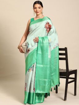 Silk Land - Green Women Kanjipuram Silk Printed Saree with Unstitched Blouse