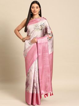 Silk Land - Pink Women Kanjipuram Silk Printed Saree with Unstitched Blouse