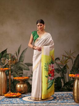Silk Land - Beige Onam Special Floral Printed Silk Saree with Unstitched Blouse