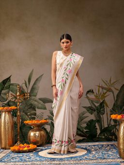 Silk Land - Beige Onam Special Floral Printed Silk Saree with Unstitched Blouse