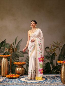 Silk Land - Beige Onam Special Floral Printed Silk Saree with Unstitched Blouse