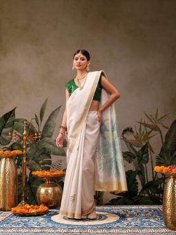 Silk Land - Beige Onam Special Floral Printed Silk Saree with Unstitched Blouse