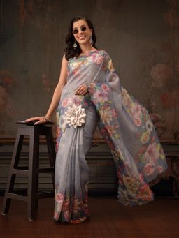Silk Land - Grey Kota Doria Tissue Silk Printed Saree with Cutwork Border with Unstitched Blouse