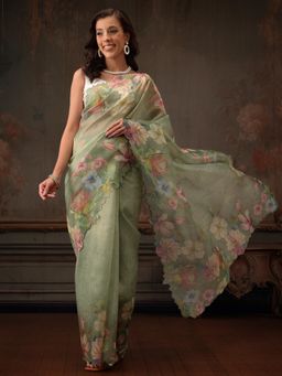 Silk Land - Green Kota Doria Tissue Silk Printed Saree with Cutwork Border with Unstitched Blouse