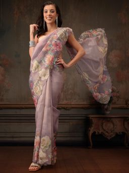 Silk Land - Lavender Kota Doria Tissue Silk Printed Saree with Cutwork Border with Unstitched Blouse