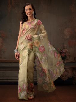 Silk Land - Olive Kota Doria Tissue Silk Printed Saree with Cutwork Border with Unstitched Blouse