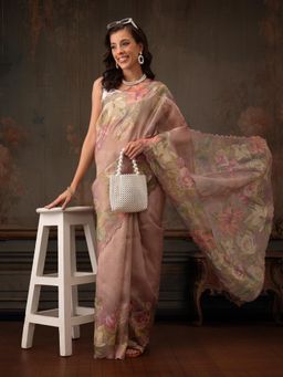 Silk Land - Peach Kota Doria Tissue Silk Printed Saree with Cutwork Border with Unstitched Blouse