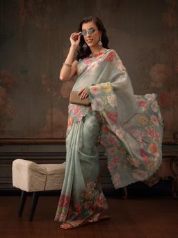 Silk Land - Turquoise Kota Doria Tissue Silk Printed Saree with Cutwork Border with Unstitched Blouse