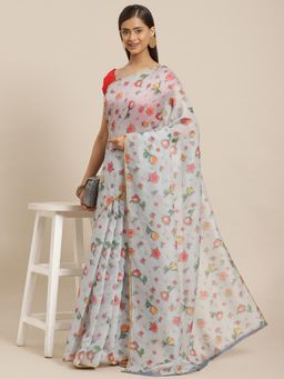 Silk Land - Grey Floral Digital Printed Organza Saree with Unstitched Blouse
