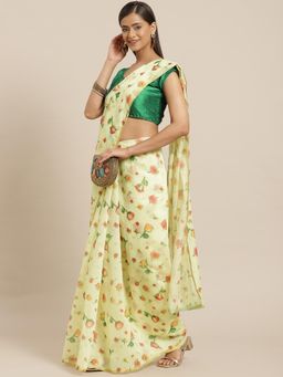 Silk Land - Yellow Floral Digital Printed Organza Saree with Unstitched Blouse