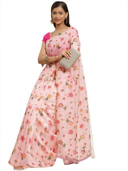 Silk Land - Pink Floral Digital Printed Organza Saree with Unstitched Blouse