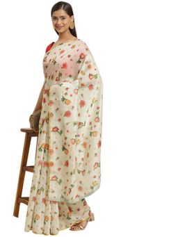 Silk Land - Off White Floral Digital Printed Organza Saree with Unstitched Blouse