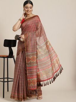 Silk Land - Brown Kalamkari Digital Printed Saree with Unstitched Blouse