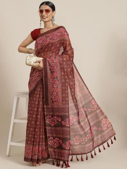 Silk Land - Brown Kalamkari Digital Printed Saree with Unstitched Blouse