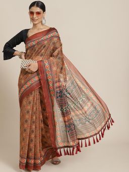 Silk Land - Brown Kalamkari Digital Printed Saree with Unstitched Blouse