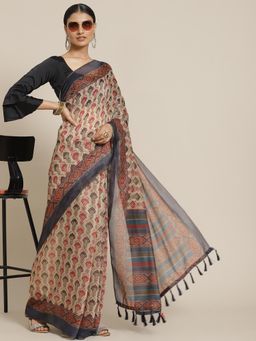 Silk Land - Beige Kalamkari Digital Printed Saree with Unstitched Blouse