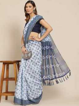 Silk Land - Grey Kalamkari Digital Printed Saree with Unstitched Blouse