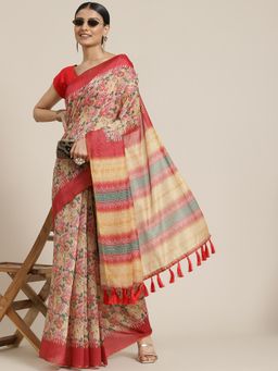 Silk Land - Beige Kalamkari Digital Printed Saree with Unstitched Blouse