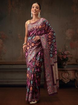 Silk Land - Wine Heavy Woven Thread Floral Work Cotton Saree with Unstitched Blouse