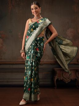 Silk Land - Green Floral Work Cotton Saree with Unstitched Blouse