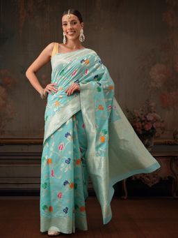 Silk Land - Turquoise Floral Work Cotton Saree with Unstitched Blouse