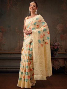 Silk Land - Cream Floral Work Cotton Saree with Unstitched Blouse