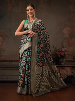 Silk Land - Black Floral Work Cotton Saree with Unstitched Blouse