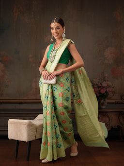 Silk Land - Green Floral Work Cotton Saree with Unstitched Blouse