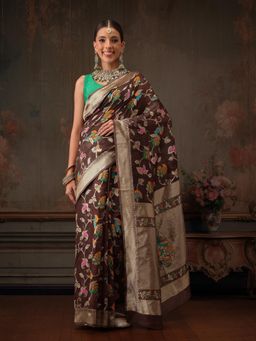 Silk Land - Brown Woven Floral Work Cotton Saree with Unstitched Blouse
