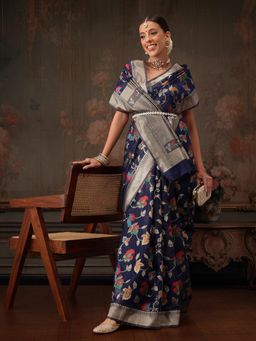 Silk Land - Navy Blue Woven Floral Work Cotton Saree with Unstitched Blouse