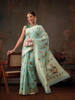 Silk Land - Turquoise Woven Floral Work Cotton Saree with Unstitched Blouse