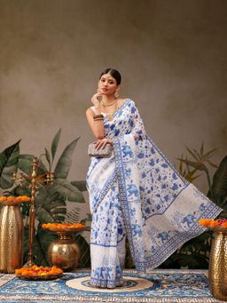 Silk Land - Blue Women Cotton Blend Digital Printed Saree with Unstitched Blouse