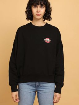 Wrangler - Women Solid Print Black Relaxed Fit Sweatshirt
