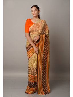 Unnati Silks - Beige Fancy Block Printed Georgette Saree with Unstitched Blouse
