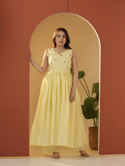 Meeshara - Yellow Cotton Round Neck Hand Embroidery Solid Anarkali Kurta with Palazzo
