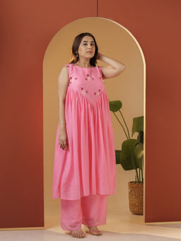Meeshara - Pink Cotton Round Neck Hand Embroidery Solid Anarkali Kurta with Palazzo