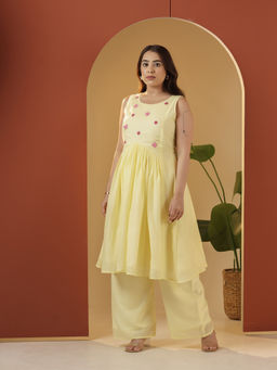 Meeshara - Yellow Cotton Round Neck Hand Embroidery Solid Anarkali Kurta with Palazzo