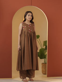 Meeshara - Brown Cotton Round Neck Hand Embroidery Solid Anarkali Kurta with Palazzo