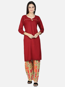 Fabclub - Maroon Rayon Round Neck Plain Solid Kurta