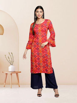 Fabclub - Red Rayon Round Neck Printed Kurta